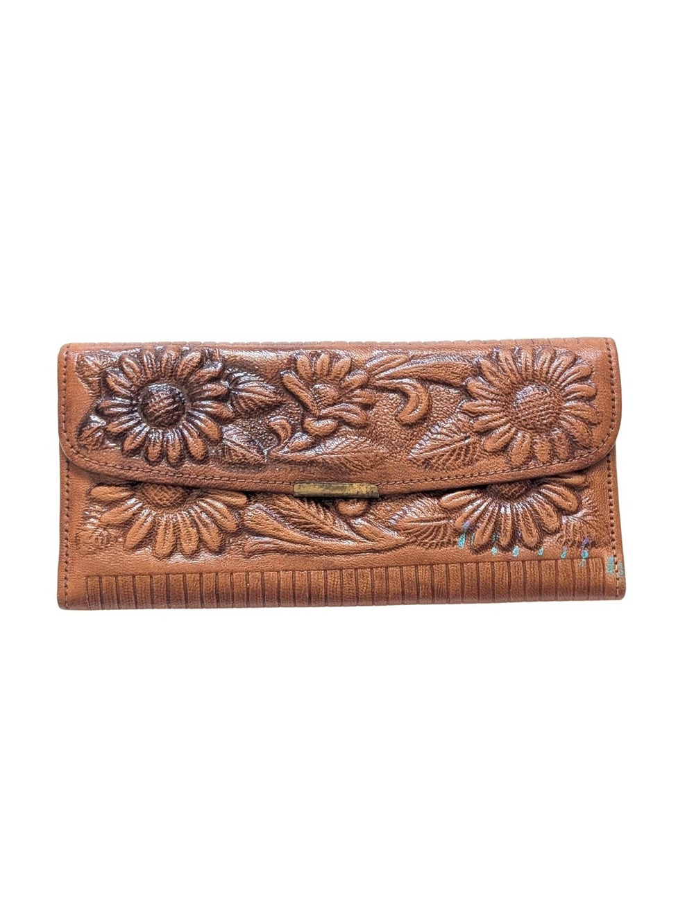 Vintage Women's Brown Tooled Leather Wallet with Floral Design